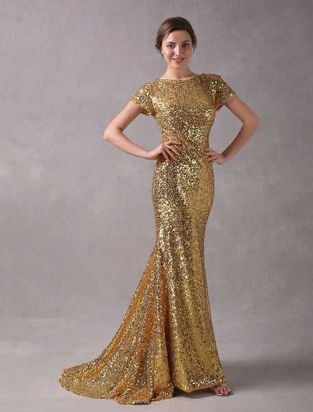 Evening Dresses Light Gold Mermaid Short Sleeve Formal Dress With Train
