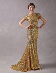 Evening Dresses Light Gold Mermaid Short Sleeve Formal Dress With Train