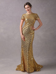 Evening Dresses Light Gold Mermaid Short Sleeve Formal Dress With Train