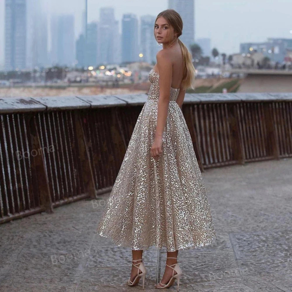 Sequin Lace Prom Dresses A-Line Short Prom Gowns Open Back Sleeveless Tea-Length Party Gowns