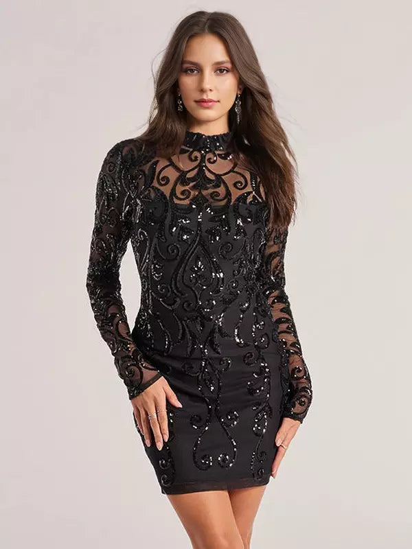 Sequin Long Sleeve Mock Neckline Sheer Bodycon Mini Dress