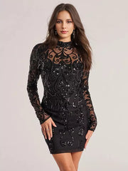 Sequin Long Sleeve Mock Neckline Sheer Bodycon Mini Dress