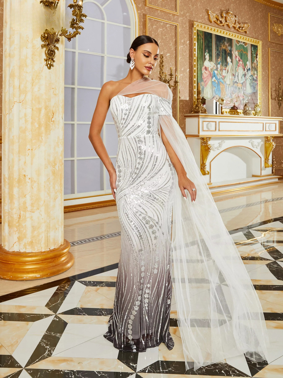 Sequin Mermaid Mesh One Shoulder Cocktail Prom Dress