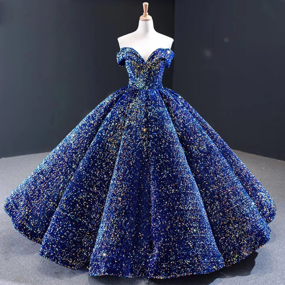 Sequin Off Shoulder Lace Up Plus Size Bridal Wedding Prom Formal Party Gown
