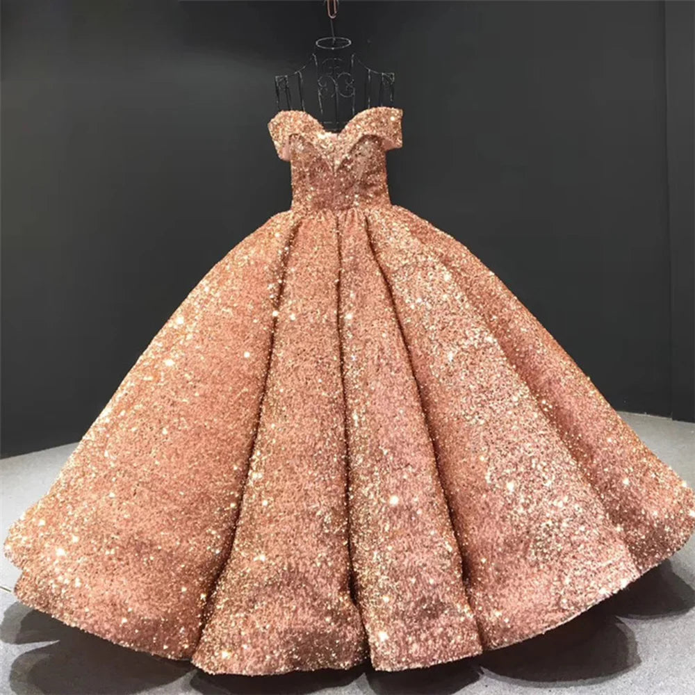 Sequin Off Shoulder Lace Up Plus Size Bridal Wedding Prom Formal Party Gown