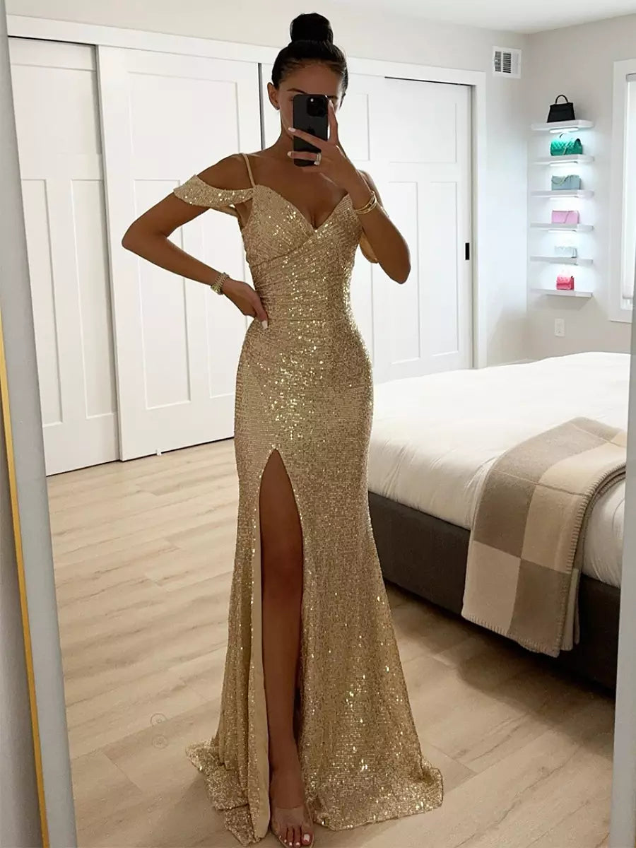 Sequin Strap Off-shoulder Ruched Long Party Maxi Dress