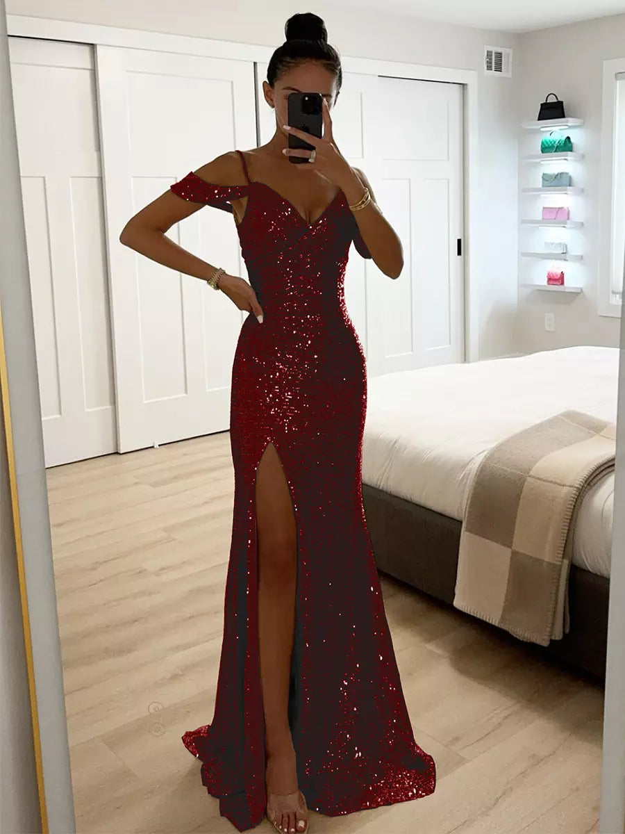 Sequin Strap Off-shoulder Ruched Long Party Maxi Dress