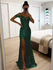 Sequin Strap Off-shoulder Ruched Long Party Maxi Dress