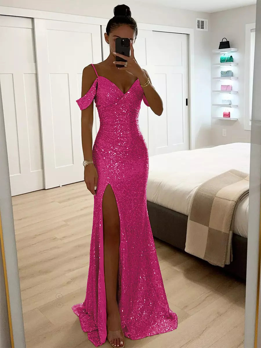 Sequin Strap Off-shoulder Ruched Long Party Maxi Dress