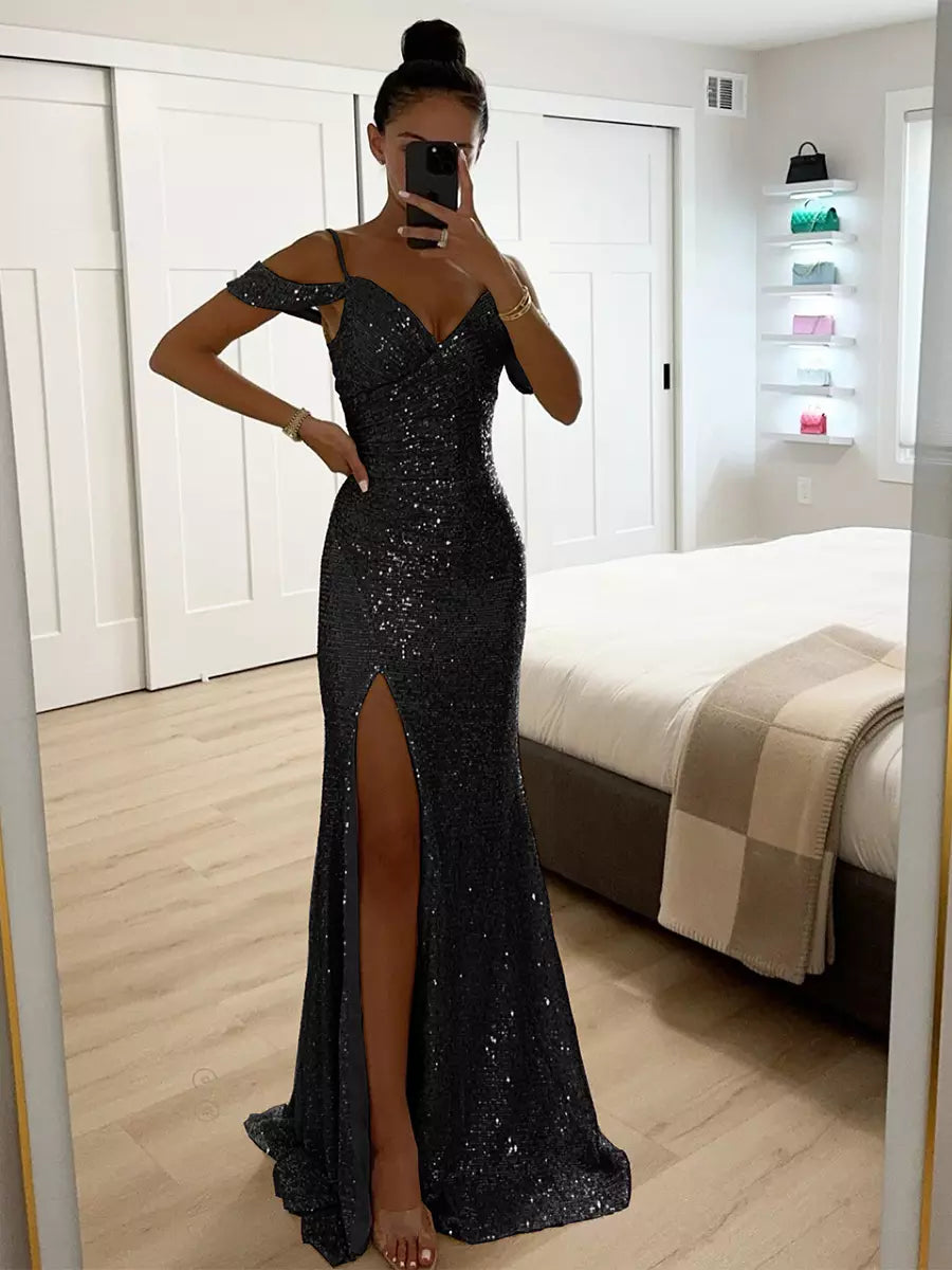 Sequin Strap Off-shoulder Ruched Long Party Maxi Dress