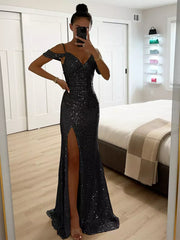 Sequin Strap Off-shoulder Ruched Long Party Maxi Dress
