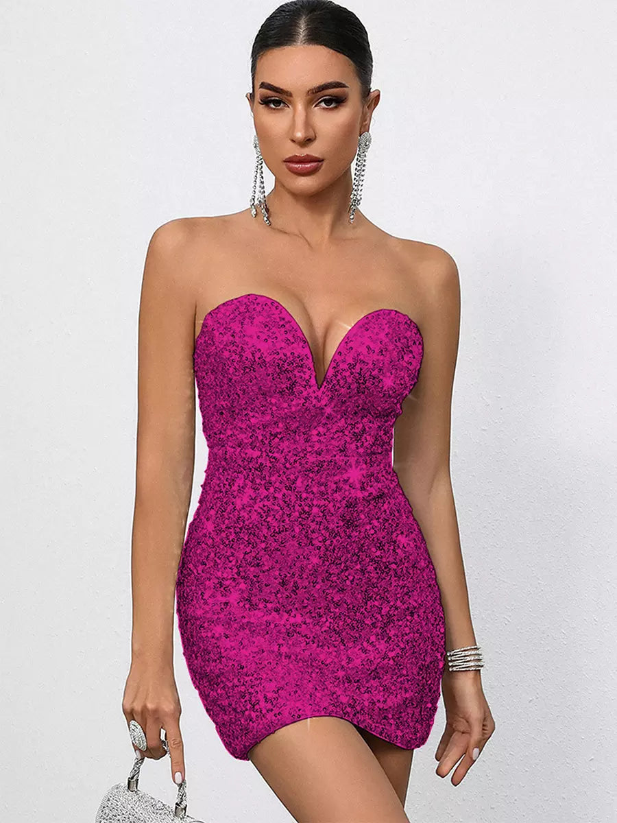 Sequin Sweetheart Neck And Bow Back For Parties Bodycon Mini Dress