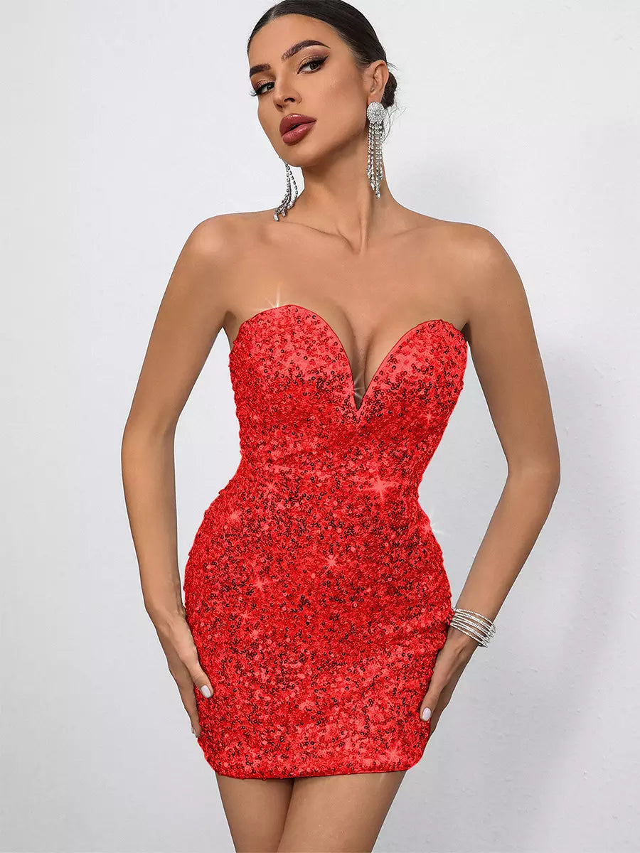 Sequin Sweetheart Neck And Bow Back For Parties Bodycon Mini Dress