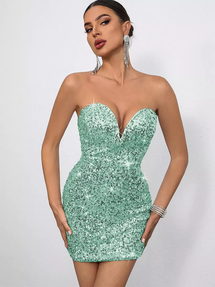 Sequin Sweetheart Neck And Bow Back For Parties Bodycon Mini Dress