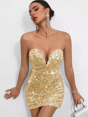 Sequin Sweetheart Neck And Bow Back For Parties Bodycon Mini Dress