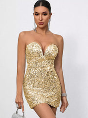 Sequin Sweetheart Neck And Bow Back For Parties Bodycon Mini Dress