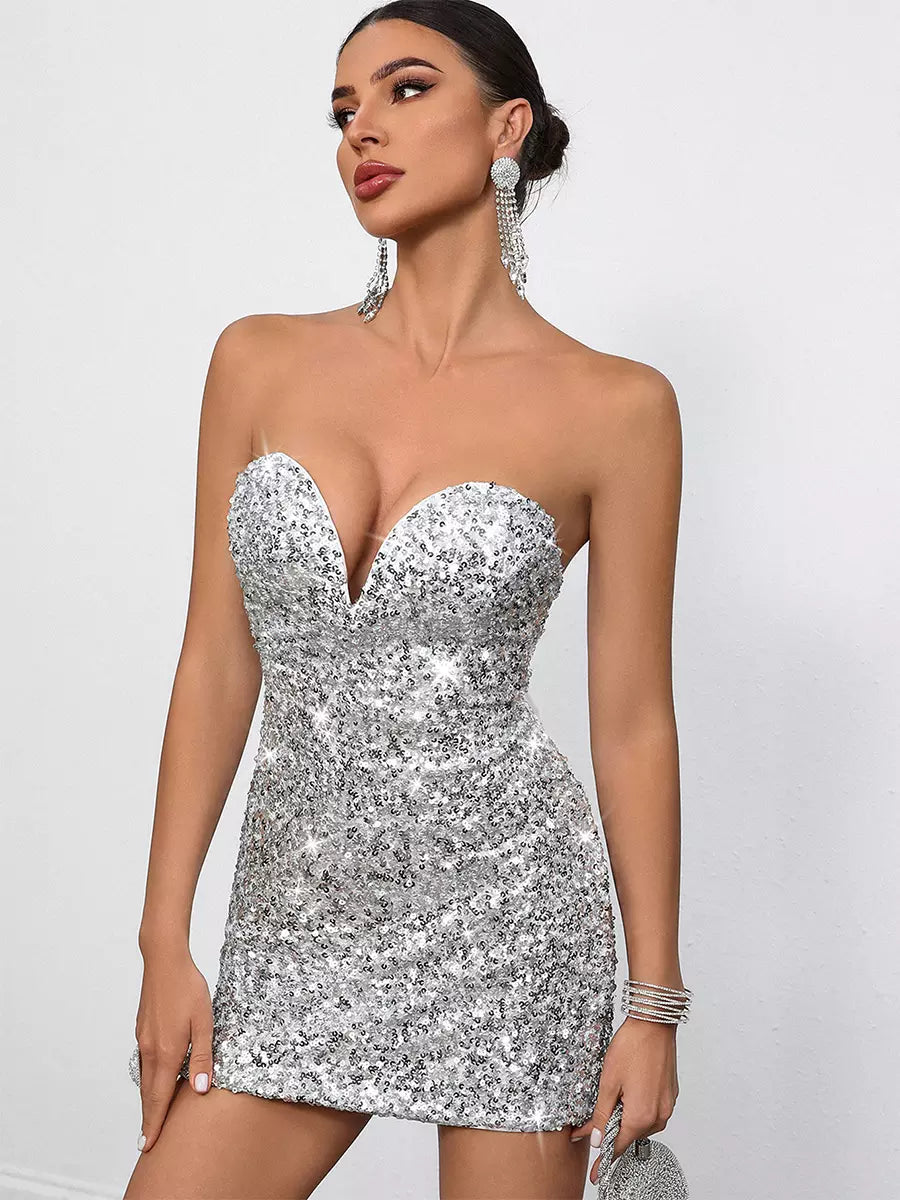 Sequin Sweetheart Neck And Bow Back For Parties Bodycon Mini Dress