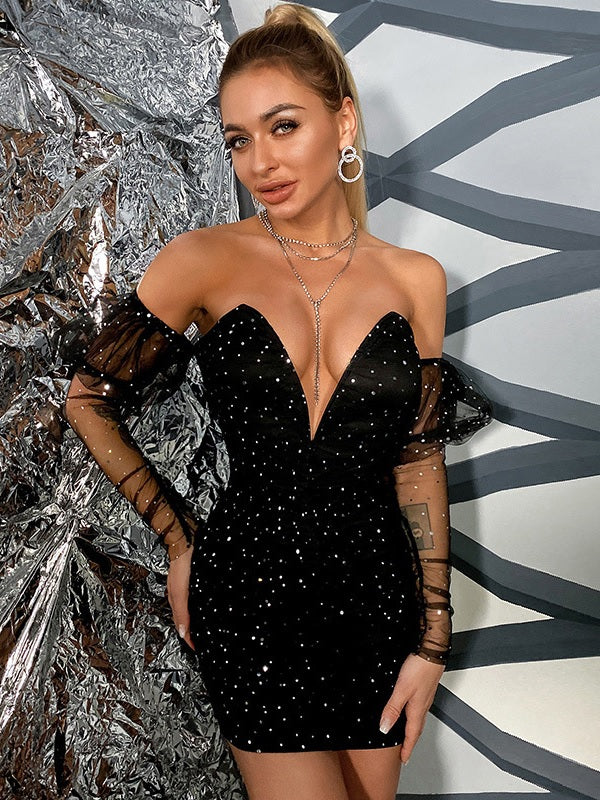 Sequined Backless V Neck Party Short Dress