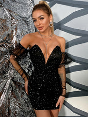 Sequined Backless V Neck Party Short Dress