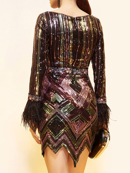 Sequined Bateau Neck Long Sleeves Sheath Sash Party Short Dresses