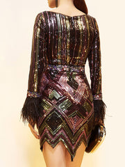Sequined Bateau Neck Long Sleeves Sheath Sash Party Short Dresses