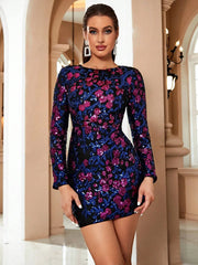 Sequined Floral Backless Long Sleeve O-Neck empire Waist Formal Party Mini Dress