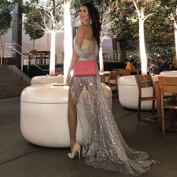 Sequined High Split Reflective Floor Length Maxi Dress