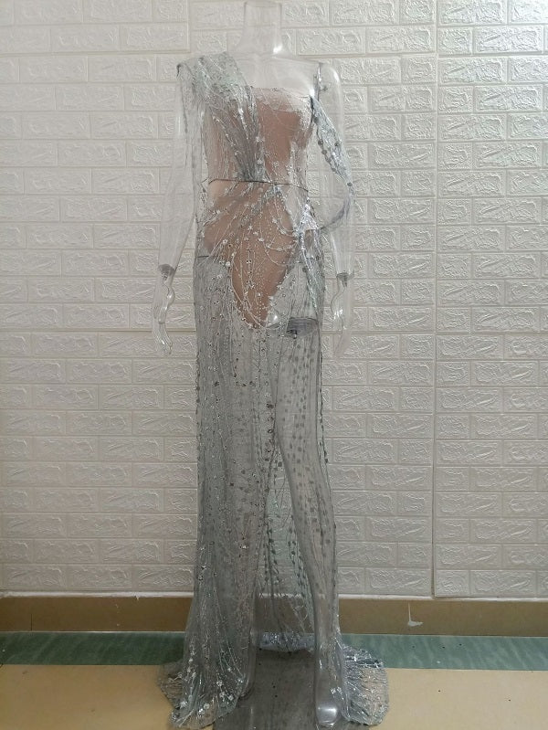 Sequined High Split Reflective Floor Length Maxi Dress