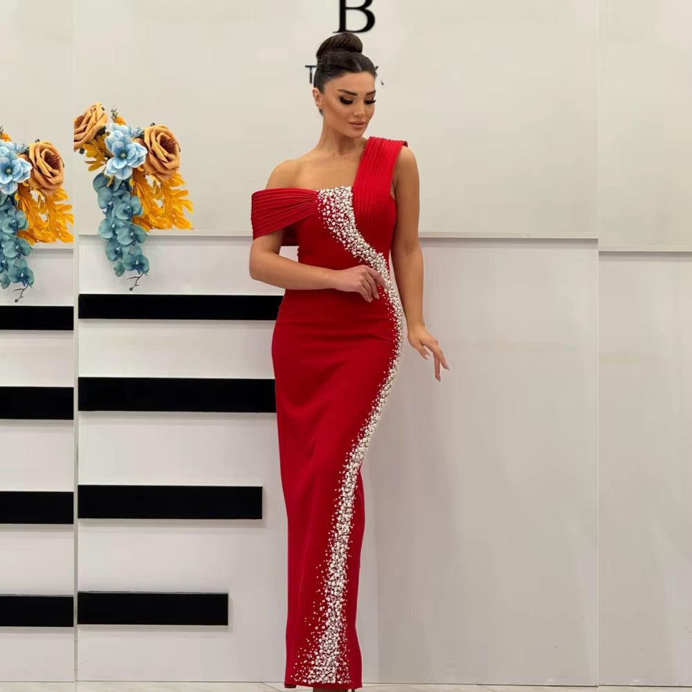 Sequined Jersey Beading Pearl Straight Off-the-shoulder Long Dresses
