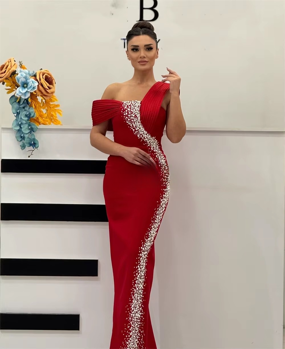 Sequined Jersey Beading Pearl Straight Off-the-shoulder Long Dresses