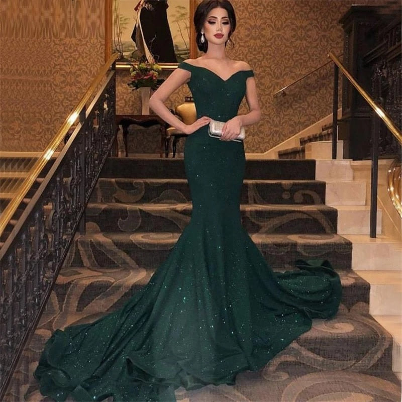 Sequined Off Shoulder Sparkle Evening Dresses