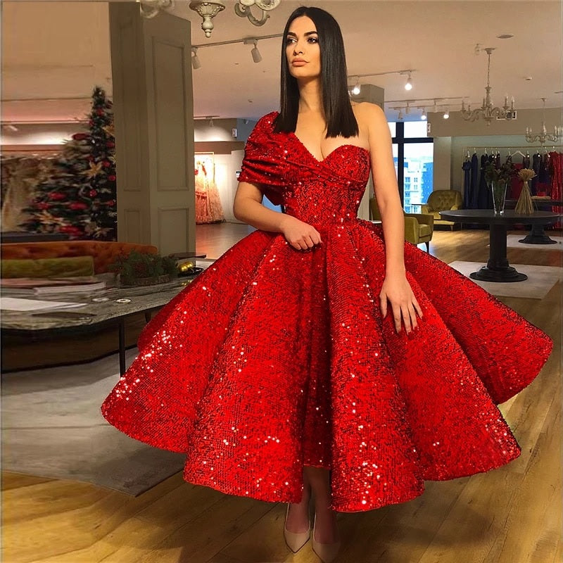 Sequined One Shoulder Ankle-Length Formal Dress
