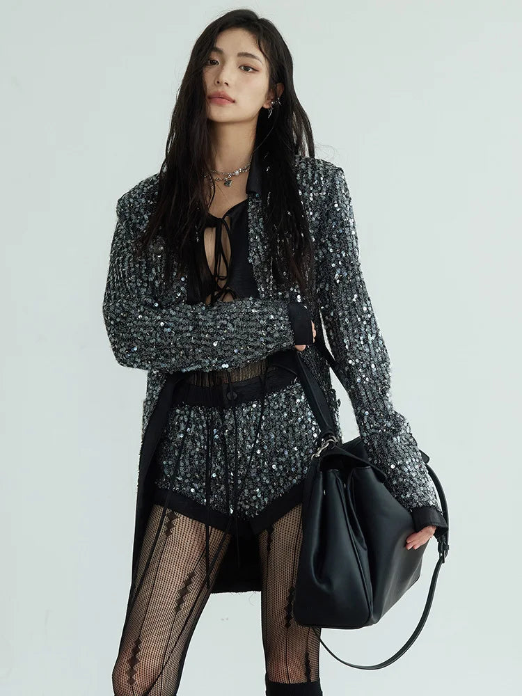 Sequines V Neck Long Sleeve Patchwork Lace Up Top High Waist Shorts Two Piece Set