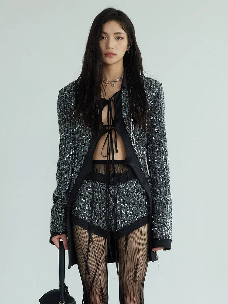 Sequines V Neck Long Sleeve Patchwork Lace Up Top High Waist Shorts Two Piece Set