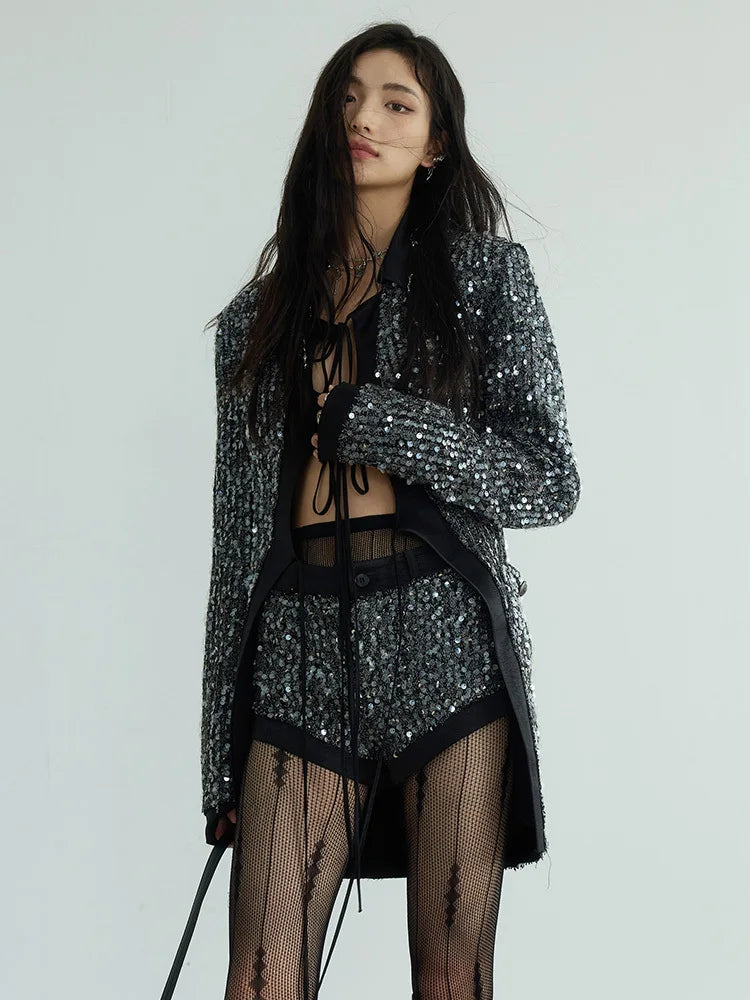 Sequines V Neck Long Sleeve Patchwork Lace Up Top High Waist Shorts Two Piece Set
