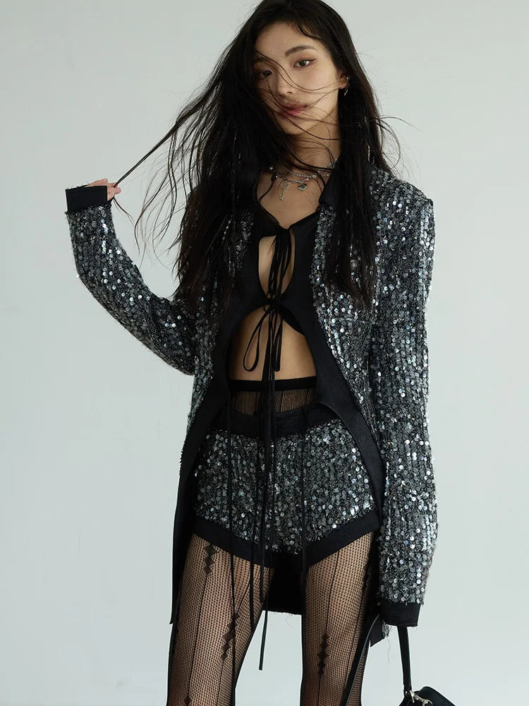 Sequines V Neck Long Sleeve Patchwork Lace Up Top High Waist Shorts Two Piece Set