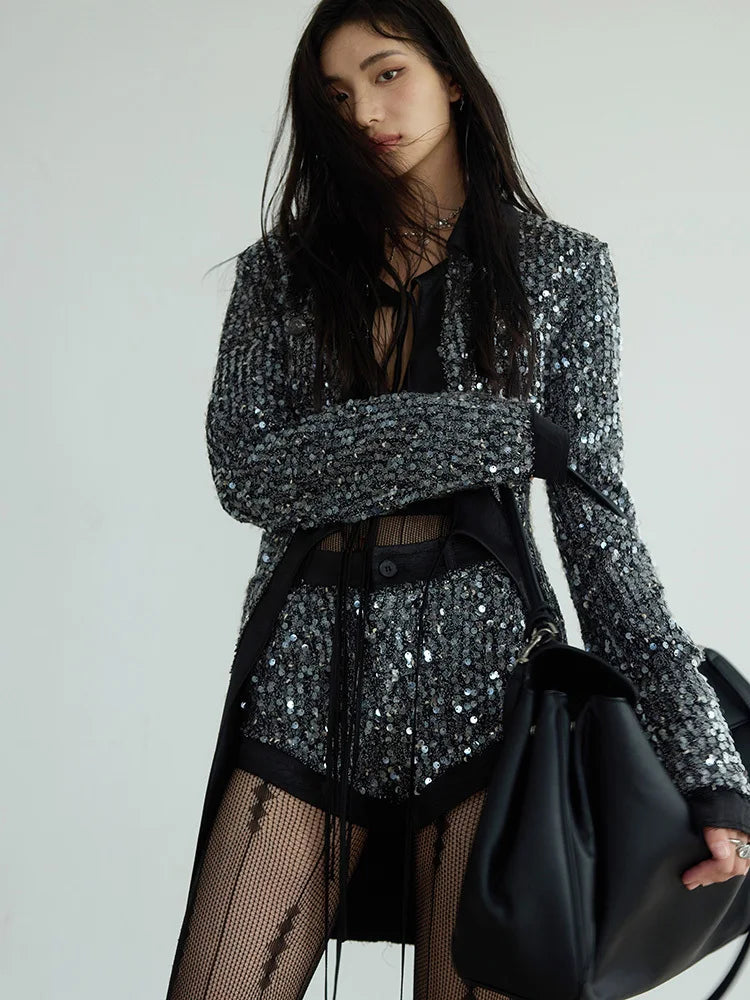Sequines V Neck Long Sleeve Patchwork Lace Up Top High Waist Shorts Two Piece Set