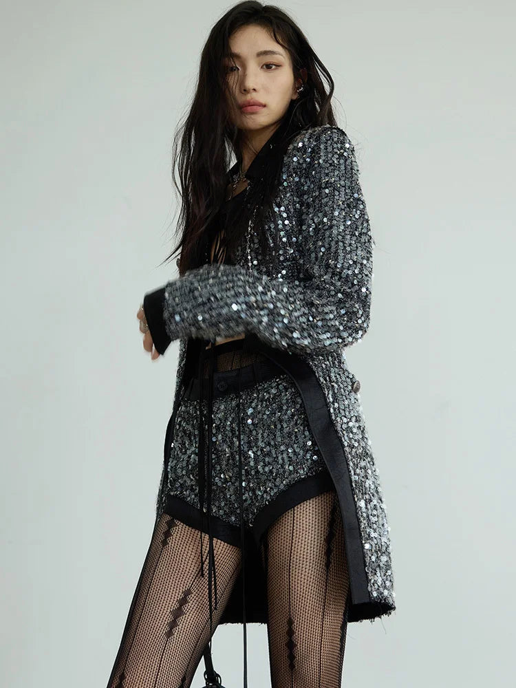 Sequines V Neck Long Sleeve Patchwork Lace Up Top High Waist Shorts Two Piece Set