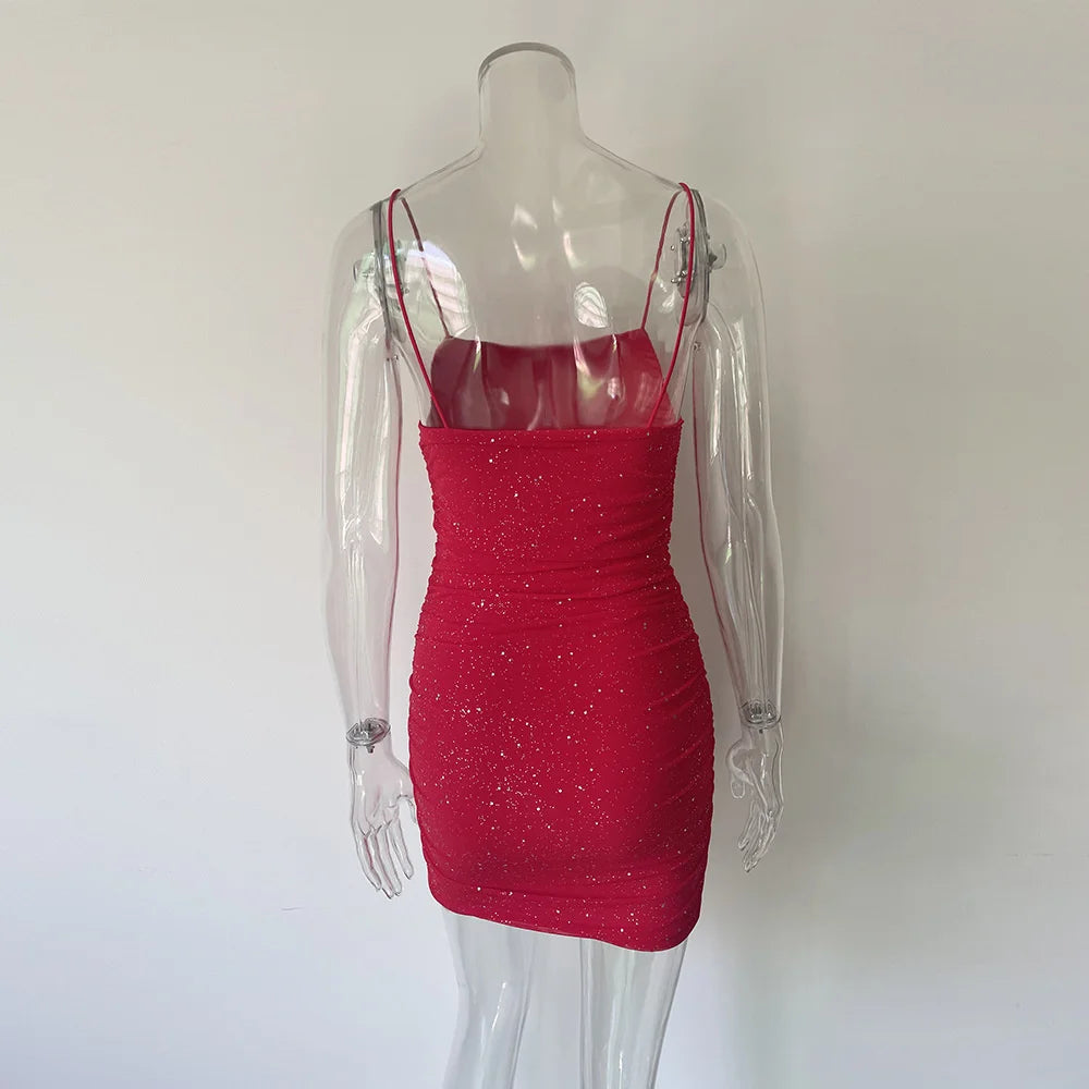 Sequins Backless Mini Dress Robe Spaghetti Strap Sleeveless Ruched Party Short Dress Vestido