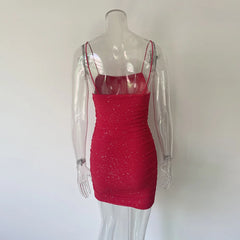 Sequins Backless Mini Dress Robe Spaghetti Strap Sleeveless Ruched Party Short Dress Vestido