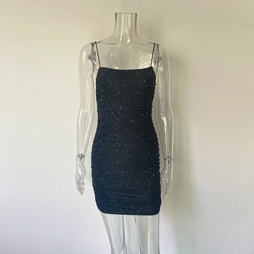 Sequins Backless Mini Dress Robe Spaghetti Strap Sleeveless Ruched Party Short Dress Vestido