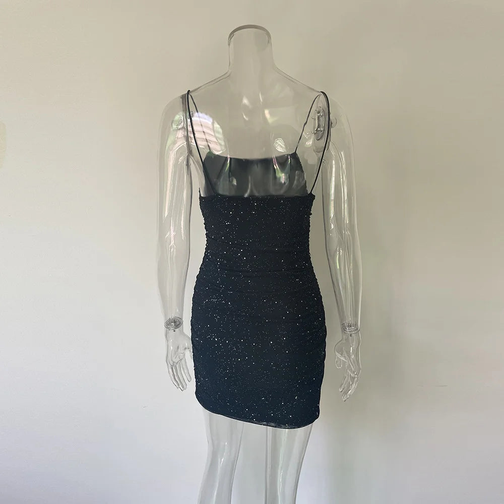 Sequins Backless Mini Dress Robe Spaghetti Strap Sleeveless Ruched Party Short Dress Vestido