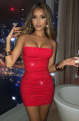 Sequins Backless Mini Dress Robe Spaghetti Strap Sleeveless Ruched Party Short Dress Vestido