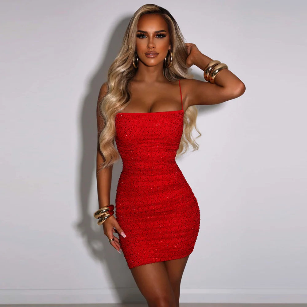 Sequins Backless Mini Dress Robe Spaghetti Strap Sleeveless Ruched Party Short Dress Vestido