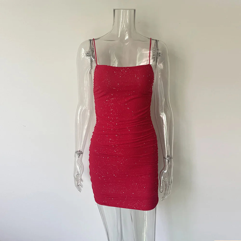 Sequins Backless Mini Dress Robe Spaghetti Strap Sleeveless Ruched Party Short Dress Vestido