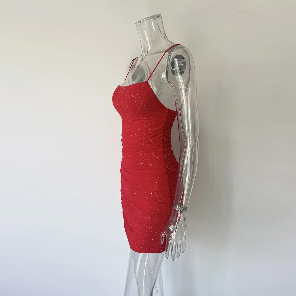 Sequins Backless Mini Dress Robe Spaghetti Strap Sleeveless Ruched Party Short Dress Vestido