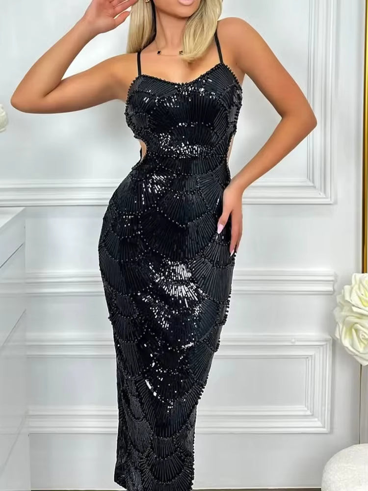 Sequins Beaded Cut-Out Pearls Embellished Backless Corset Party Dresses