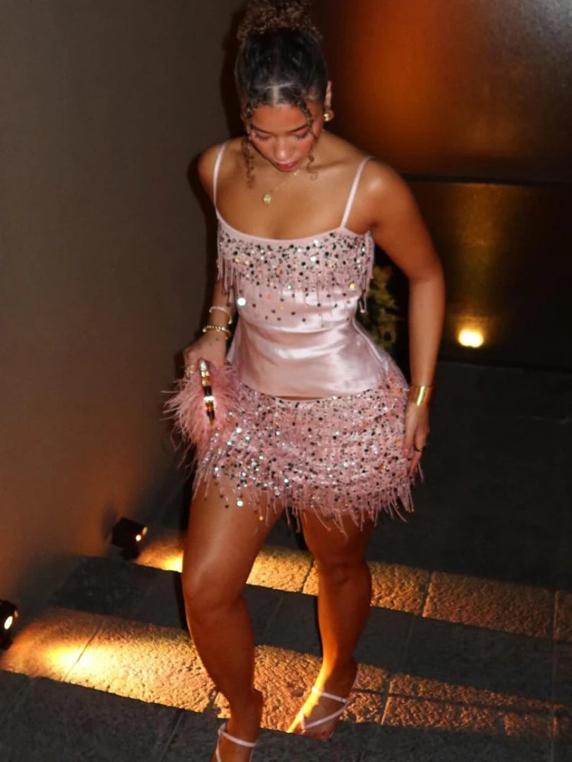 Sequins Cami Top And Fringed Dance Skirts Set Tassel Two-Piece Dress