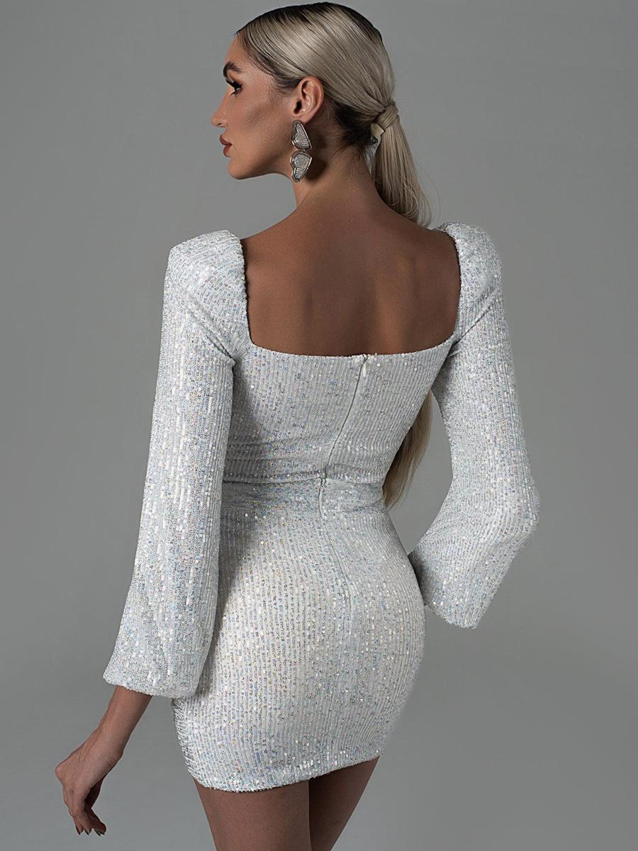 Sequins Designed Neckline Long Sleeves Glitter Bodycon Mini Dresses