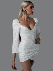Sequins Designed Neckline Long Sleeves Glitter Bodycon Mini Dresses